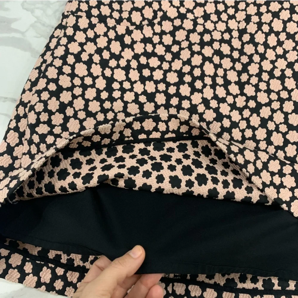 Kate Spade Mini Dress Sz 12 Jacquard Petal Stamp Knit  Pink Black Fit & Flare